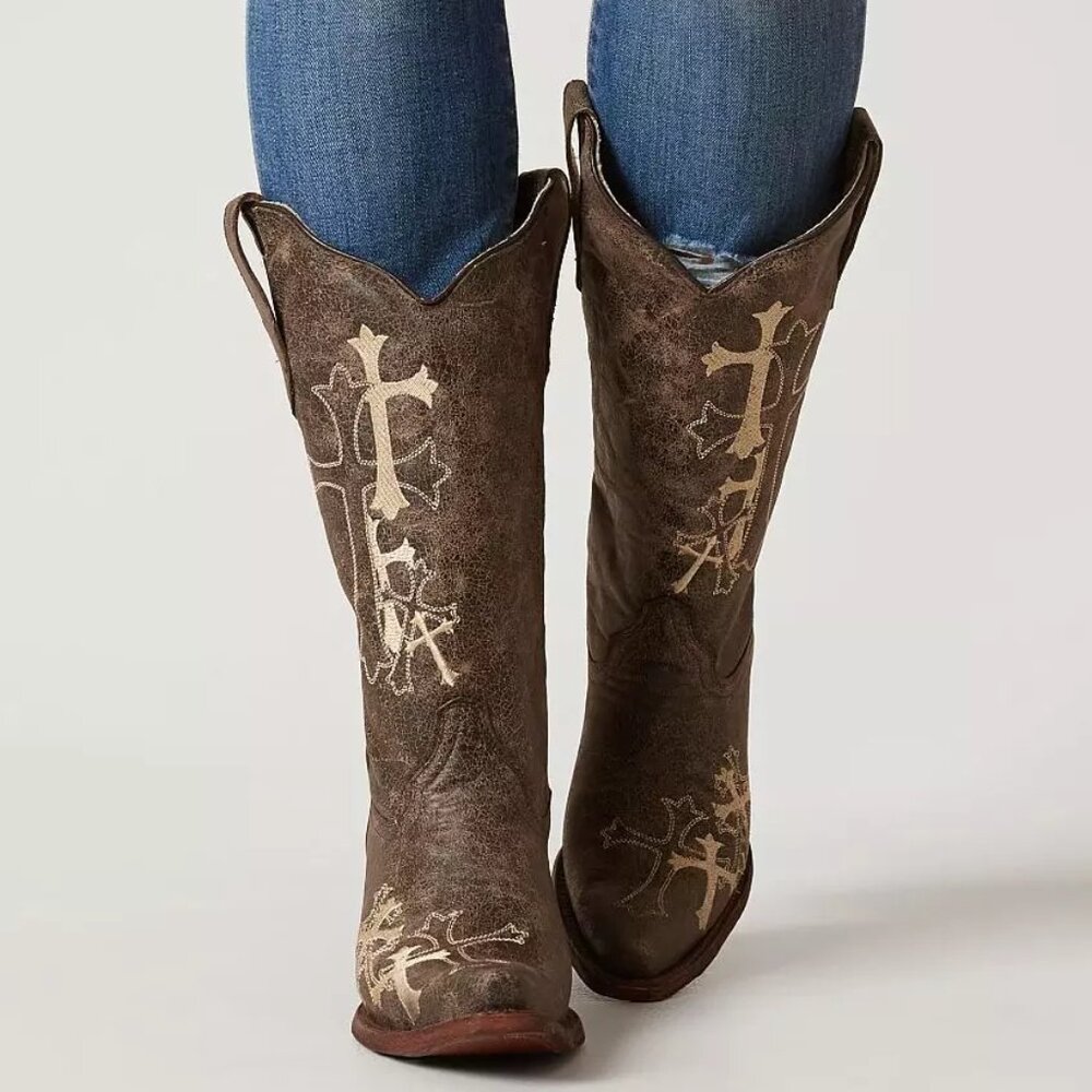 CIRCLE G Brown Leather CROSS Snip Toe COWGIRL Boots 8.5M